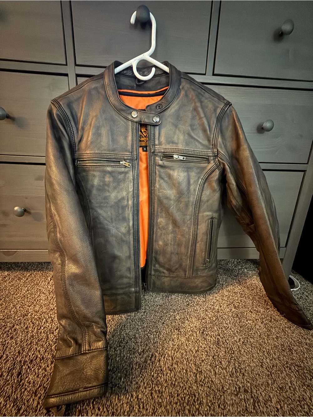 Women’s  Brown Milwaukee Leather Jacket with Orange zip out Lining - Medium